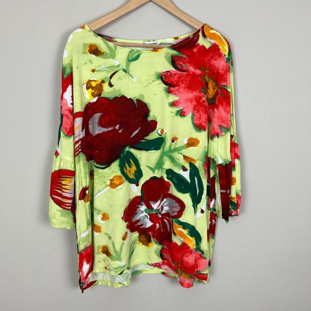 Jams World Top Women Large Green Flower Joy Floral Crinkle Bold 3/4 Flare Sleeve